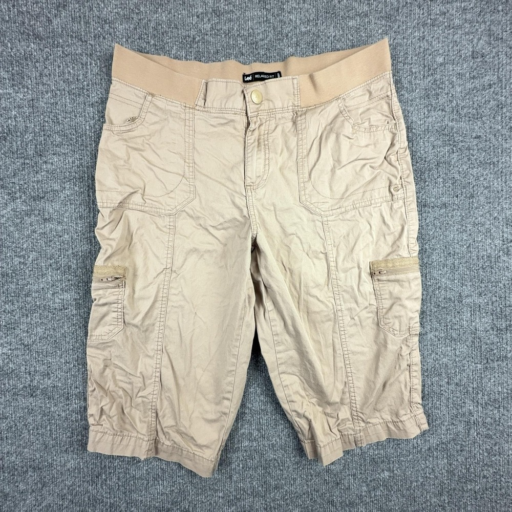 Lee Capri Pants Womens 12 Petite Beige Relaxed Fit‎ Cargo Twill Elastic Waist